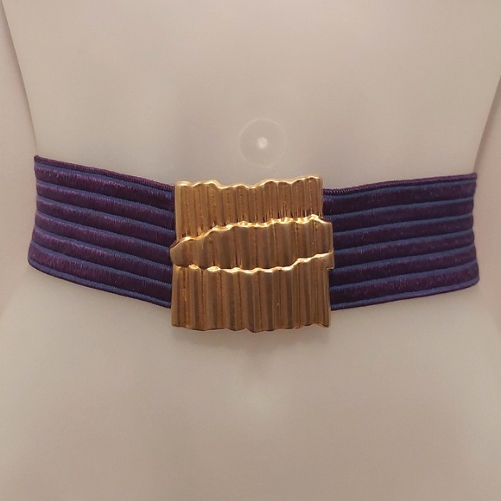Vintage 1980s 1990s Purple Striped Elasticized Stretch Belt w/ Gold Buckle OSFM